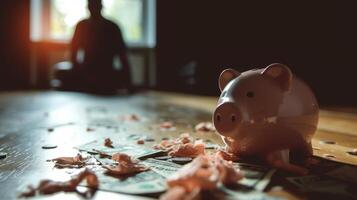 ai généré une porcin banque brisé sur le sol avec argent et dollar factures homme séance dans le Contexte photo