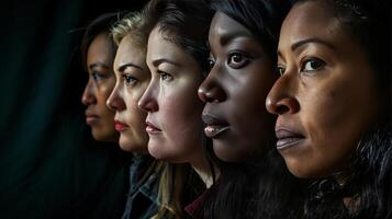 ai généré groupe de fort indépendant femmes avec différent peau Couleur permanent dans rangée photo