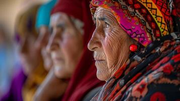 ai généré groupe de aîné femmes dans traditionnel Vêtements dans une culturel la cérémonie photo