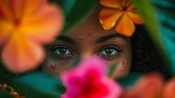 ai généré africain femme boutonneux visage encadré avec fleurs dans une botanique jardin beauté et imperfection photo