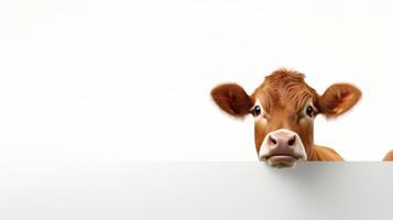 ai généré animal droits concept une curieuse marron vache furtivement plus de une blanc mur contre une blanc Contexte. photo