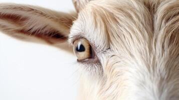 ai généré animal droits concept fermer une chèvre visage sur blanc Contexte photo