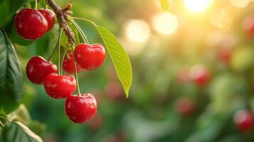 ai généré magnifique juteux mûr Cerise pendre sur une branche dans le été jardin photo