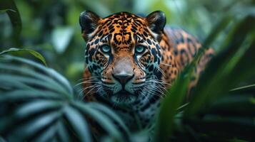 ai généré fascinant jaguar dans dense jungle photo