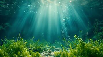 ai généré magnifique lumière mer Contexte avec algues sur le bas grand fond zone avec copie espace pour texte photo