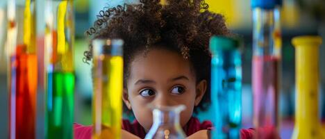 ai généré éducation activité Jeune enfant avec coloré béchers et tester tubes. apprentissage et Découverte. photo