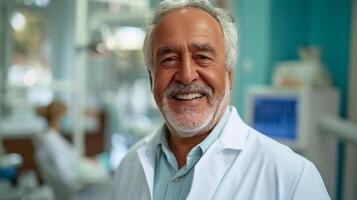 ai généré une content Sénior homme pose pour le caméra à le dentiste Bureau photo