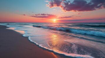 ai généré une romantique plage coucher de soleil, où vagues rencontrer le rive, reflétant le harmonie de l'amour photo