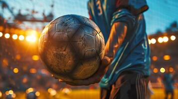 ai généré méconnaissable Football joueur en portant football balle, stade action photo