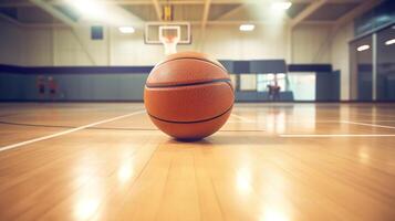 ai généré école Gym casser, basketball repos sur le sol photo