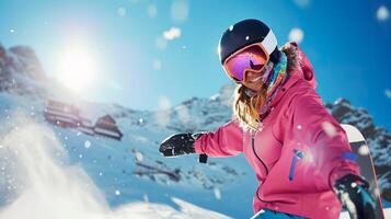 ai généré alpin aventure, Jeune fille planche a neige à le ski recours photo