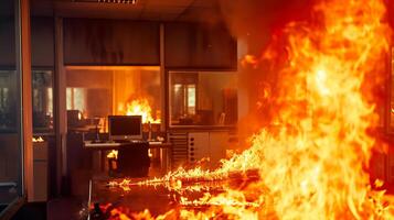 ai généré échapper le brûlant bureau, intense lieu de travail Feu catastrophe photo