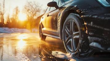 ai généré auto spa expérience, efficace voiture laver avec mousse et l'eau photo