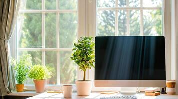 ai généré éloigné travail environnement, élégant bureau avec ordinateur et fenêtre photo