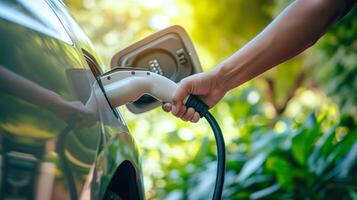 ai généré vert innovation, proche en haut de ev mise en charge prise de courant dans Naturel verdure photo