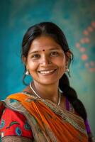 ai généré smiley Indien femme, rayonnant joie dans une moyen coup photo