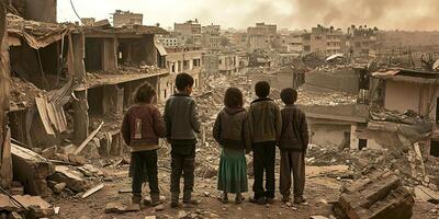 ai généré résilient innocence, explorant guerre déchiré ruines avec les enfants photo