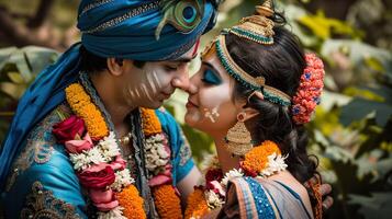 ai généré Divin l'amour fête, Jeune couple comme radha et krishna photo