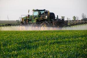 tracteur avec le Aidez-moi de une pulvérisateur Vaporisateurs liquide les engrais sur Jeune blé dans le champ. photo