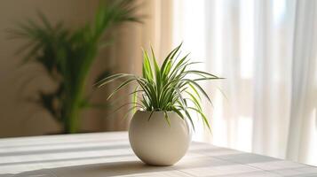 ai généré une blanc maison plante pot séance sur une en bois table photo