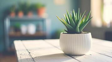 ai généré une blanc maison plante pot séance sur une en bois table photo