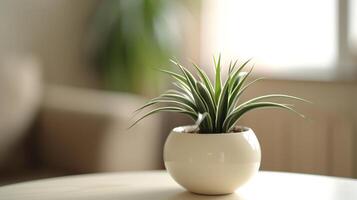 ai généré une blanc maison plante pot séance sur une en bois table photo