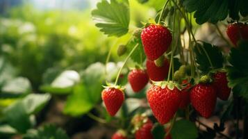 ai généré rouge des fraises dans le jardin photo