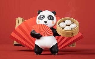 dessin animé Panda et chinois nourriture baozi, 3d le rendu. photo