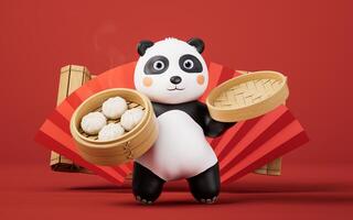 dessin animé Panda et chinois nourriture baozi, 3d le rendu. photo