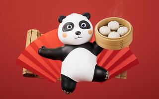 dessin animé Panda et chinois nourriture baozi, 3d le rendu. photo