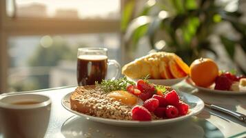 ai généré ensoleillé Matin petit déjeuner avec des œufs et Frais des fruits. génératif ai. photo