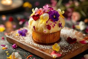 ai généré une vanille petit gâteau décoré avec fleurs et romantique rouge en forme de coeur des sucreries sur en bois planche. génératif ai. photo