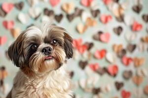 ai généré une mignonne shih tzu chien contre une toile de fond rempli avec multicolore cœur en forme de papier Contexte. génératif ai. photo