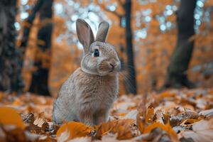 ai généré sauvage lapin et déchue l'automne feuilles. génératif ai. photo