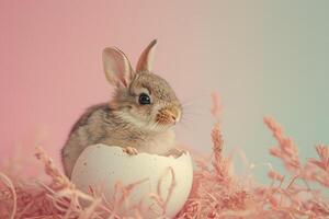 ai généré une mignonne lapin niché dans une tacheté coquille d'oeuf contre une pente rose toile de fond. génératif ai. photo