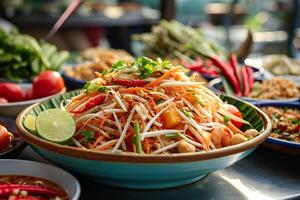 ai généré thaïlandais som tam ou Papaye salade dans une rustique bol. génératif ai. photo