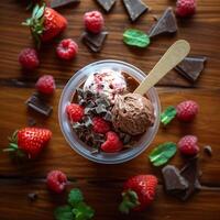 ai généré un aérien vue de Chocolat la glace crème garni avec des fraises, Chocolat copeaux et menthe dans une Plastique tasse avec une en bois cuillère. génératif ai. photo