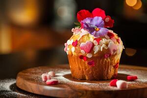 ai généré une savoureux vanille petit gâteau orné avec une vibrant tableau de comestible fleurs, en forme de coeur arrose, et sucre perles. génératif ai. photo