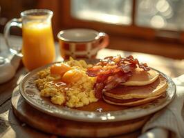 ai généré une confortable Matin scène avec une classique américain petit déjeuner. génératif ai. photo