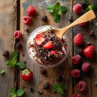 ai généré un aérien vue de Chocolat la glace crème garni avec des fraises, Chocolat copeaux et menthe dans une Plastique tasse avec une en bois cuillère. génératif ai. photo