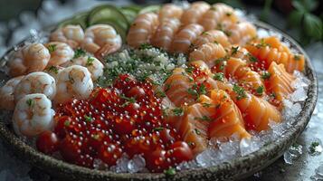 ai généré divers congelé fruit de mer, crevette, poisson œufs, crabe, photographié proche en haut. photo