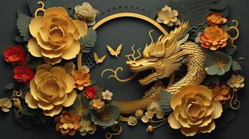 ai généré content chinois Nouveau année 2024 le dragon zodiaque signe avec fleur, lanterne, asiatique éléments or papier Couper style sur Couleur Contexte. luxe style. copie espace. photo