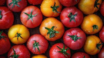 ai généré tomate Contexte. Frais tomates créative arrangé, un artistique disposition à vitrine Couleur et forme. photo