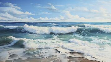 ai généré magnifique bleu océan vagues sur nettoyer sablonneux plage Contexte. été vacances illustration concept. photo