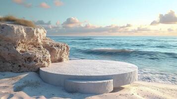 ai généré fermer une blanc podium dans Rond affiché sur le sable. bleu ciel Contexte. photo
