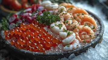 ai généré divers congelé fruit de mer, crevette, poisson œufs, crabe, photographié proche en haut. photo