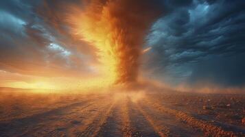 ai généré une le sable tornade dans le milieu de une brillant désert pendant le jour, avec le sable qui passe par le air. photo