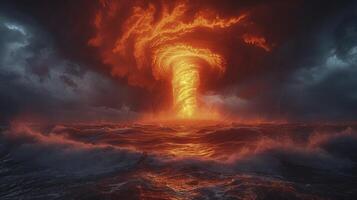 ai généré une tornade orage plus de le océan à crépuscule, avec le ciel en feu avec le rougeâtre teintes de le réglage Soleil. photo