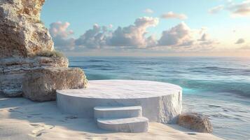 ai généré fermer une blanc podium dans Rond affiché sur le sable. bleu ciel Contexte. photo