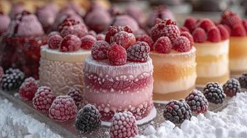 ai généré sucré gâteau dessert servi froid. sucré gâteau et fruit dessert Contexte. photo